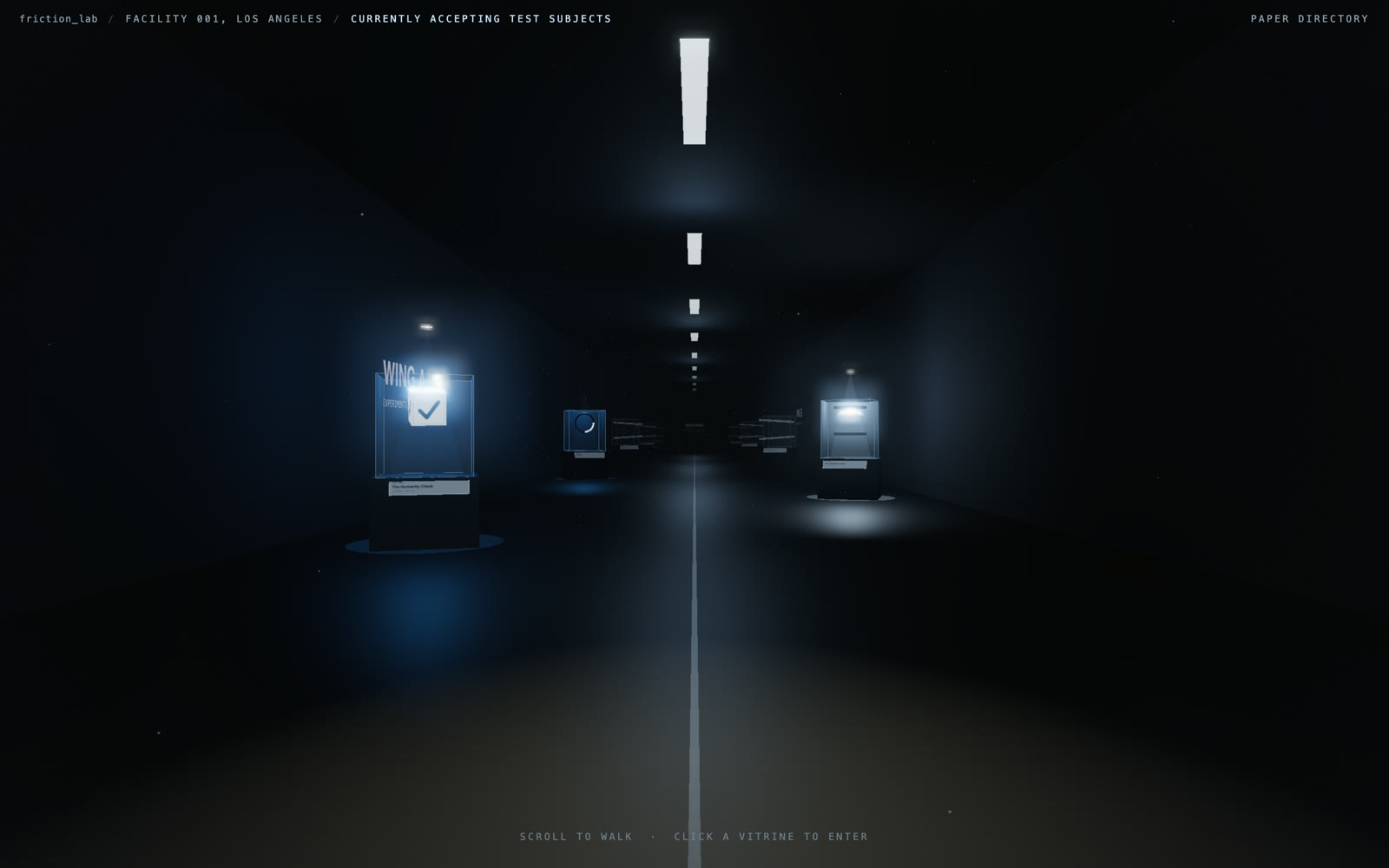 A dark facility corridor with lit glass vitrines holding each experiment